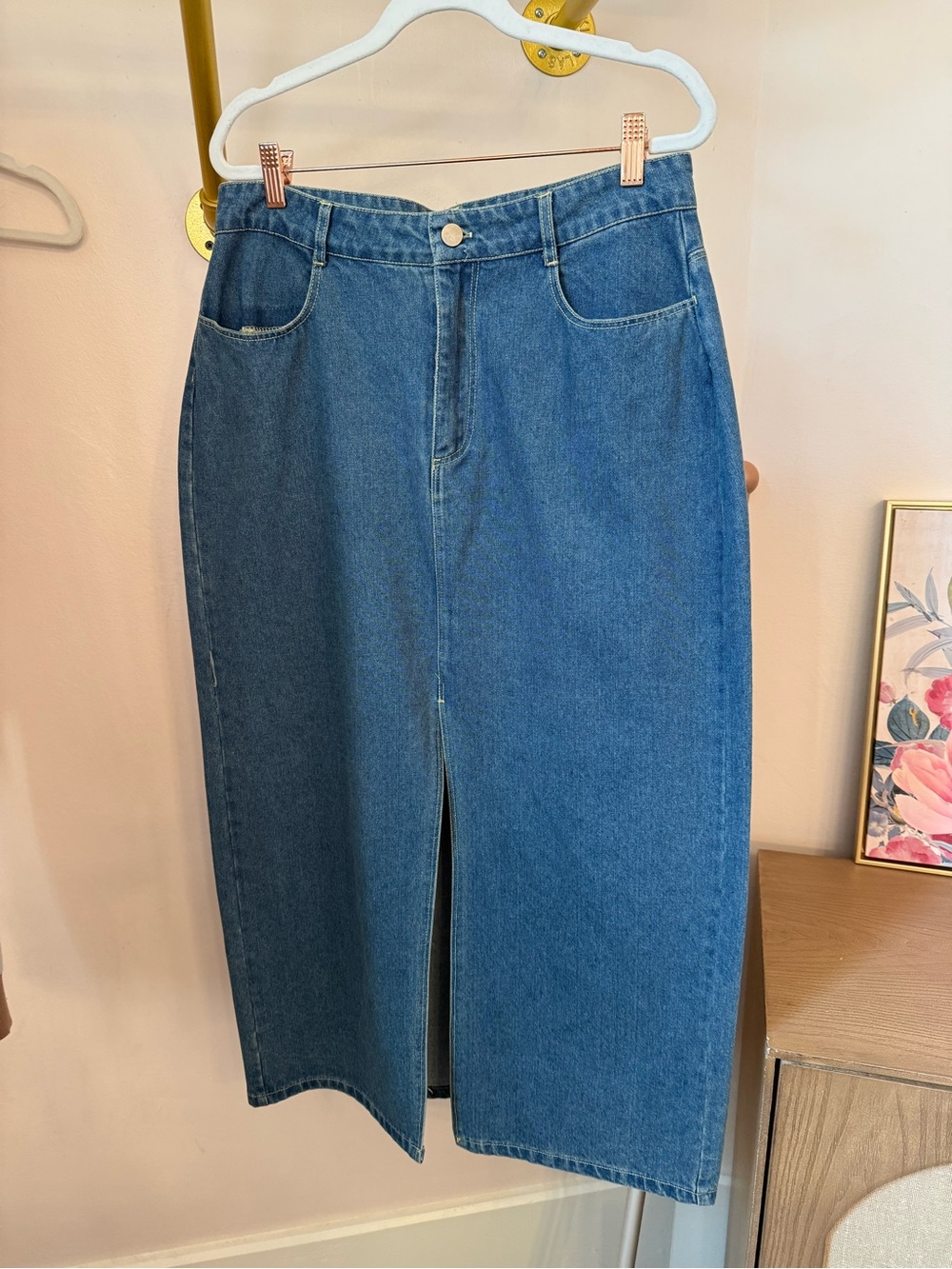 HYFVE Blue Denim Midi Pencil Skirt with Front Slit